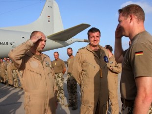 Commander Hansen congratulates the BW Pilots for their reaching 8000 flight in EUNAV April 19,2016